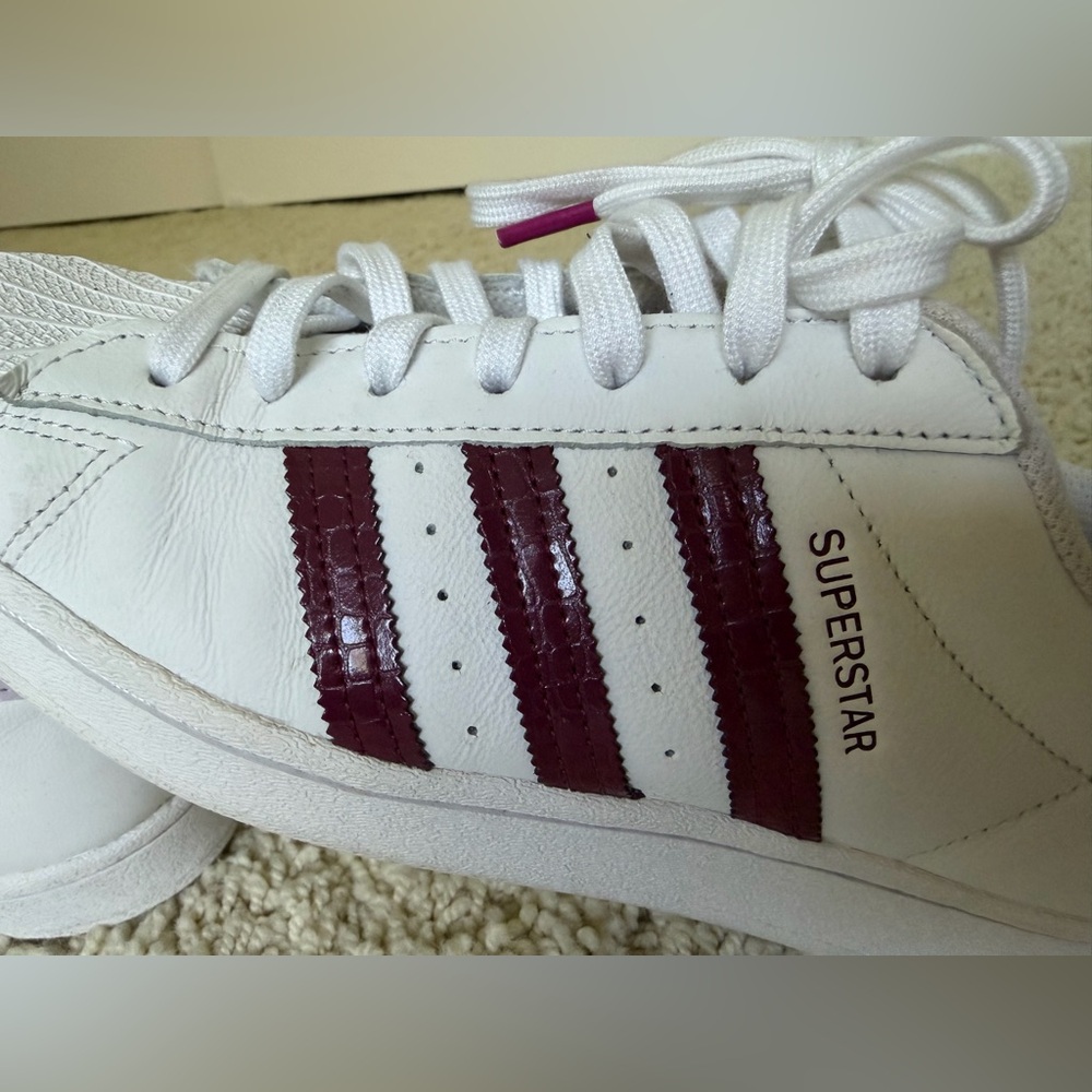Adidas Superstar White and Burgundy Sneakers - Picture 3 of 8